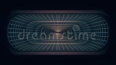 在户外飞行通过VR霓虹灯蓝格网绿色灯光网络隧道HUD界面运动图形动画背景新
