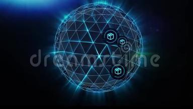 球体在网络中爆炸成粒子和多边形连接线。 全球商品和服务的交流
