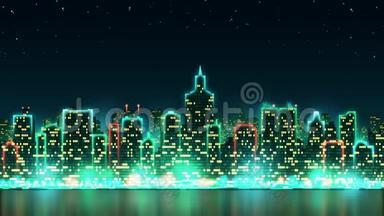城市夜空的天际线上有明亮的灯光和<strong>星空背</strong>景上的动画窗口，无缝的循环