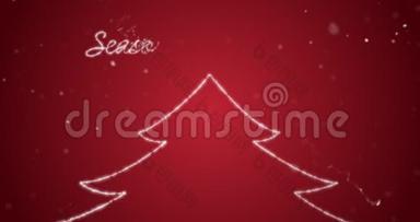 圣诞快乐英语留言与复制标志类型空间在圣诞树上的雪<strong>红背景</strong>。 动画