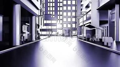 镜头穿越城市建筑的抽象动画。 卡通风格。 四处游荡。
