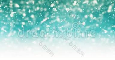 在明亮的绿色背景上飘落的雪花和波克粒子。 摘要新年背景。 雪花动画