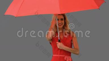 女人在灰色的<strong>屏风</strong>上撑着伞