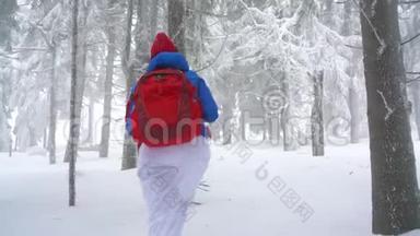 孤独的旅游女孩走在冬天白雪覆盖的针叶林在山上。 霜冻天气