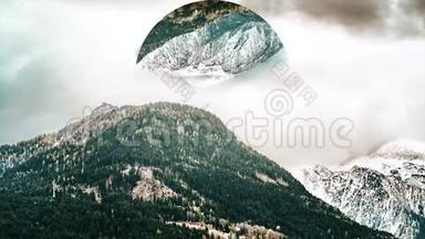 抽<strong>象山</strong>上覆盖着绿色的森林和雪，大圆与景观倒映。 山地