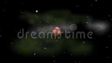 在一群陨石中旋转神奇的棕色<strong>星球</strong>，从恒星和星云中飞来，科幻视频动画