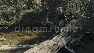 游客在森林河拍摄风景。 木桥倒树.. 一个白种人女人用漂亮的魔法