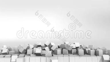 白色背景的白色立方体倒塌的墙。 3D示意图。 高清。