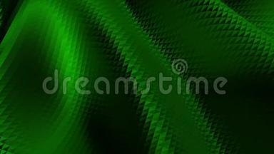 深绿色金属低聚波动表面作为未来主义的网络空间。 深绿色多边形几何振动