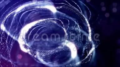 带有辉光粒子的循环科幻动画的三维渲染形成滚动环结构。 像深蓝色一样的无缝镜头