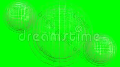 绿色屏幕上旋转的金色线框球体的视频动画，科幻或科技的动画背景a