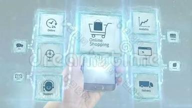 展示线上购物商务商务电子使用与移动设备，方案理念.. 白色背景。