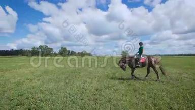 年轻女子<strong>骑着马</strong>在绿色的田野上