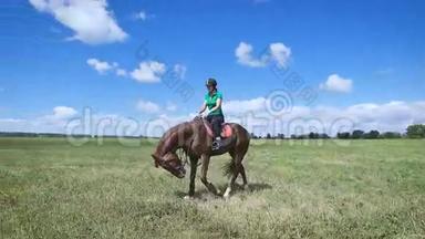 年轻女子骑着马<strong>在</strong>绿色的<strong>田野上</strong>