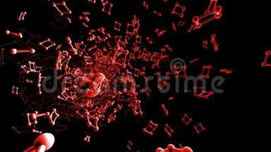 抽象红色挥动三维网格或网格的脉动几何物体。 用作抽象分子结构.. 红色几何图形