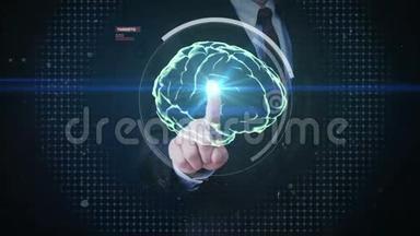 商人触摸数字屏幕，扫描大脑在数字显示仪表板。 X光透视