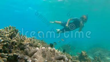 年轻人带着五颜六色的鱼和海洋生物在深蓝色的海洋中探索水下珊瑚礁景观