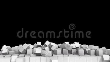 白色背景上白色立方体的塌陷墙，带有阿尔法通道。 3D示意图。 高清。