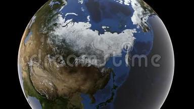 该相机乘坐覆盖着白雪的巨大俄罗斯地球，三维渲染，这幅图像的元素由NAS提供