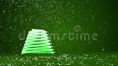 绿色的大圣诞树从屏幕左侧发光的闪亮粒子。 圣诞节或新年冬季主题