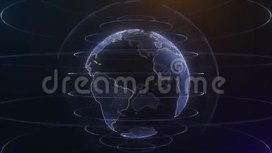 地球旋转动画未来科技商业理念.. 地球上闪亮的数字地球仪。 光泽的旋转