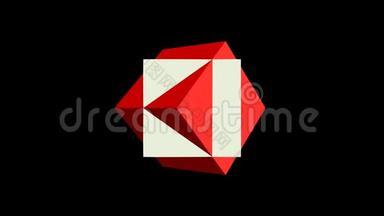 标识视频。 两个立方体，静态红色盒子和黑色背景上旋转白色盒子。 放大，摄像效果，红色