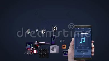使用移动应用，智能手机，听移动音乐，娱乐音乐播放器。 3D图标动画..