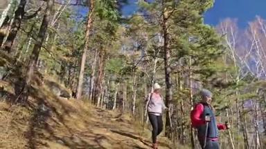 女人在大自然中行走<strong>北欧</strong>。 女孩和孩子使用跋涉棒和<strong>北欧</strong>杆，背包。 家庭旅行
