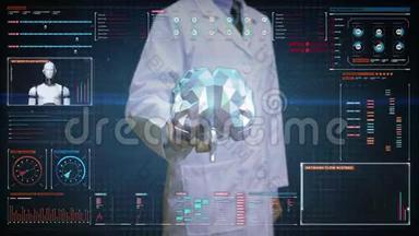 医生触摸数字屏幕，大脑在数字显示仪表板上连接数字线路，扩展人工智能