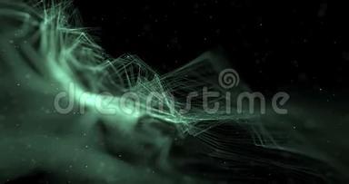 抽象的流阵，彩色的闪光，闪耀着绿色的线条和黑色背景科学研究上的粒子