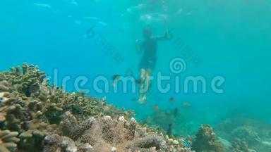 年轻人带着五颜六色的鱼和<strong>海洋生物</strong>在深<strong>蓝色</strong>的海洋中探索水下珊瑚礁景观