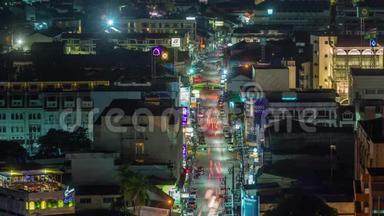 夜间照明街道交通车顶全景4k时间间隔泰国