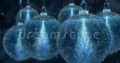 蓝色圣诞球，带有枞树<strong>背景</strong>环4k的紫檀<strong>彩灯</strong>