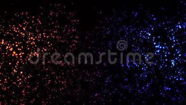 霓虹彩点在空间中移动。 动画。 黑色背景上移动彩色霓虹灯点的抽象动画