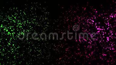 霓虹彩点在空间中移动。 动画。 黑色背景上移动彩色霓虹灯点的抽象动画