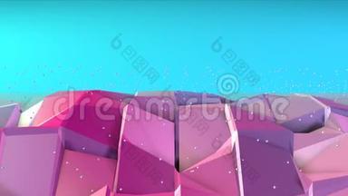 抽象简单的蓝色粉红色低聚三维表面和飞行白色晶体作为数学可视化。 软几何