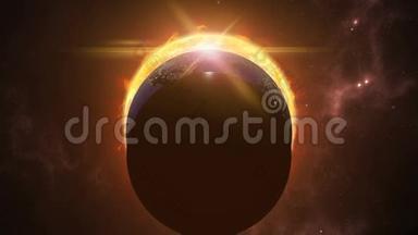动画太阳，月亮和地球球体。 宇宙场景中的线索。 3D绘制4K