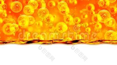 白色背景上的金色波浪，有<strong>大大</strong>小小的金色泡泡油，里面有一种黄金液体，油，蜂蜜，啤酒，果汁
