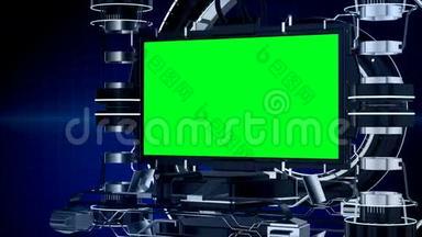 3D动画新闻报道屏幕电视或媒体节目界面与机械舞台色度键绿屏背景