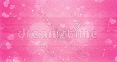 粉红色和白色的胸心在白色的心形和星星闪烁的背景与粒子闪闪发光，情人节