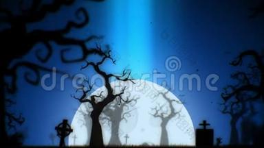 万圣节幽<strong>灵动</strong>画背景运动图形与幽灵树，月亮，蝙蝠，僵尸手和墓地，蓝色主题