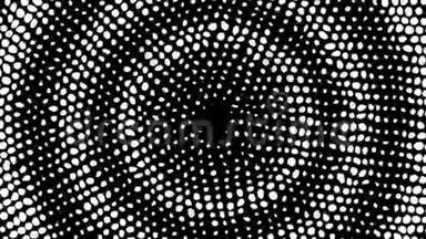 半色调图案背景。 黑色背景上白色圆点的圆圈。 波浪运动动画。 粒子和点。