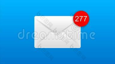 4K动画电子邮件信封与自动计数号码在红圈隐喻收入电子邮件和按摩在蓝色和黑色<strong>背板</strong>
