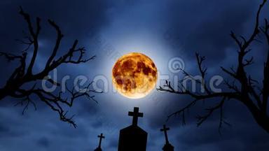 万圣节动画背景。 橙色月亮和橙色月亮背景下的古树和墓地剪影