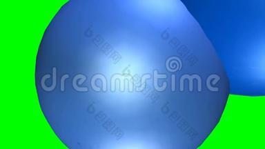 抽象电影，一个纹理蓝色球体穿透第二个球体的质量，视频动画在绿色屏幕上。