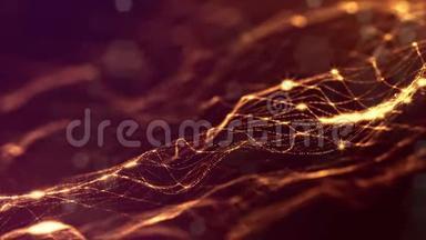 美丽的成分与发光的金色粒子形成波浪状的辉光结构，如科幻微世界或纳米