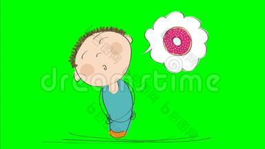 一个饥肠辘辘的人在想着用粉红色草莓装饰的甜甜圈的动画，动画手绘卡通人物，在色度键上