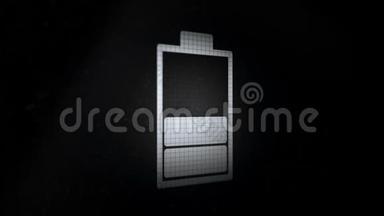 三维动画：动画背景与充电电池图标白色在黑色像素屏幕上。 垂直的。 相机转动