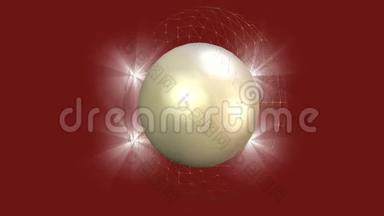 优雅的视频背景，珍珠球与线框光环旋转和四个飞灯在暗红色表面