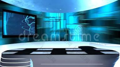 虚拟演播室，有一张桌子和两个电视屏幕。 虚拟电视工作室被设计成一个虚拟的背景